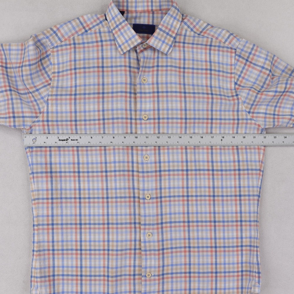 David Donahue Shirt Mens Medium Blue Pink Tan Plaid Short Sleeve Linen Blend - Picture 7 of 12